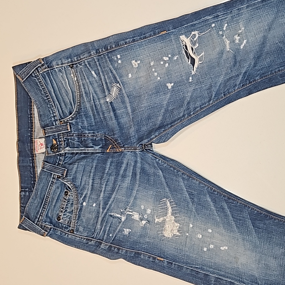 TRUE RELIGION BLAKE SZ 31W×28L SELVEDGE DENIM DISTRESSED FLAG LABEL JEANS